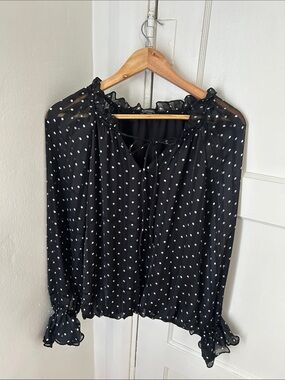 Adrianna Papell Black & White Polka Dot Ruffle Tie-Neck Blouse size M